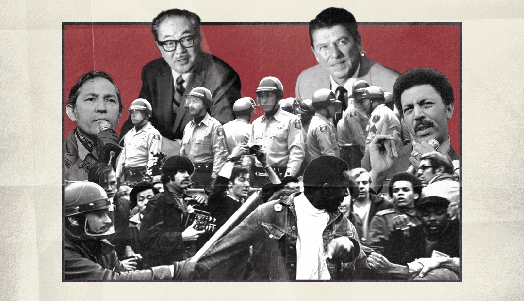 Historical photo collage of protesters, administrators, and politicians