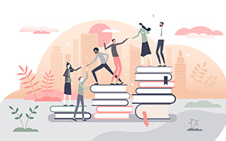 Learning progress as horizon expansion from book reading tiny person concept, transparent background. Knowledge gain with academic studying and cognitive academic research illustration
