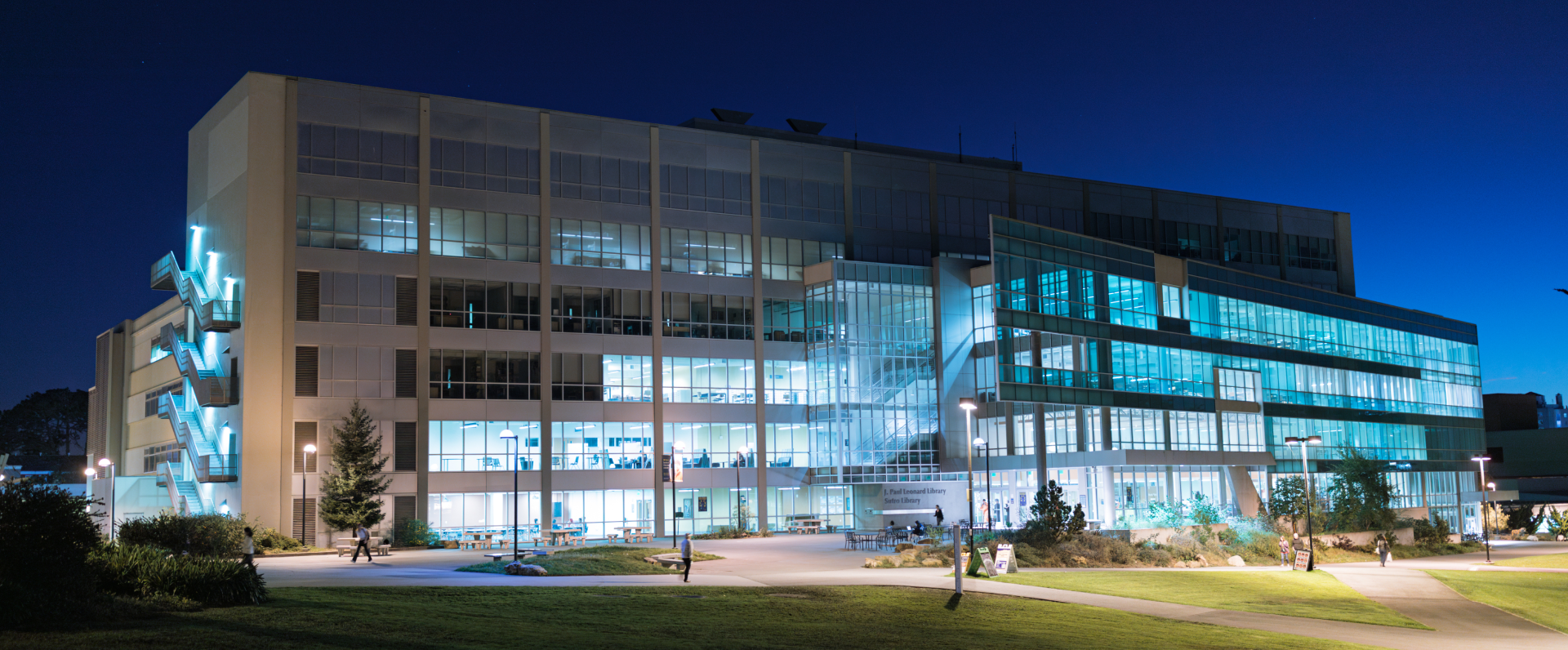 Front view of SFSU Library after dark