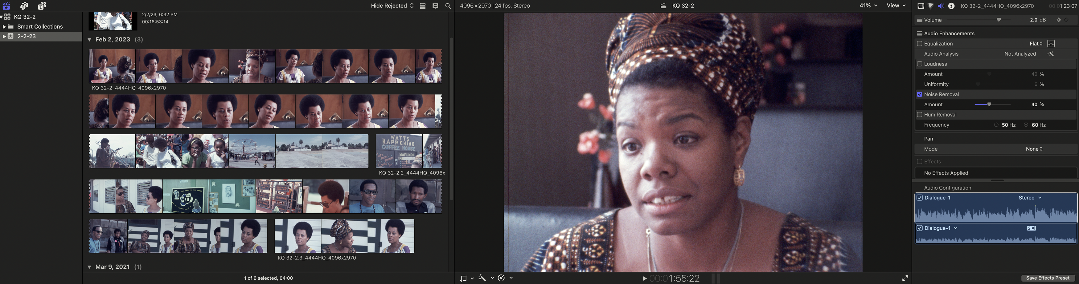 Editing KQED 16mm film featuring Dr. May Angelou, from 1968.