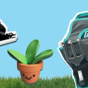 A cute potted plant, CD-DVD player, and garden tote float above a grassy lawn