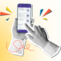 Disembodied hands accessing library resources on a phone