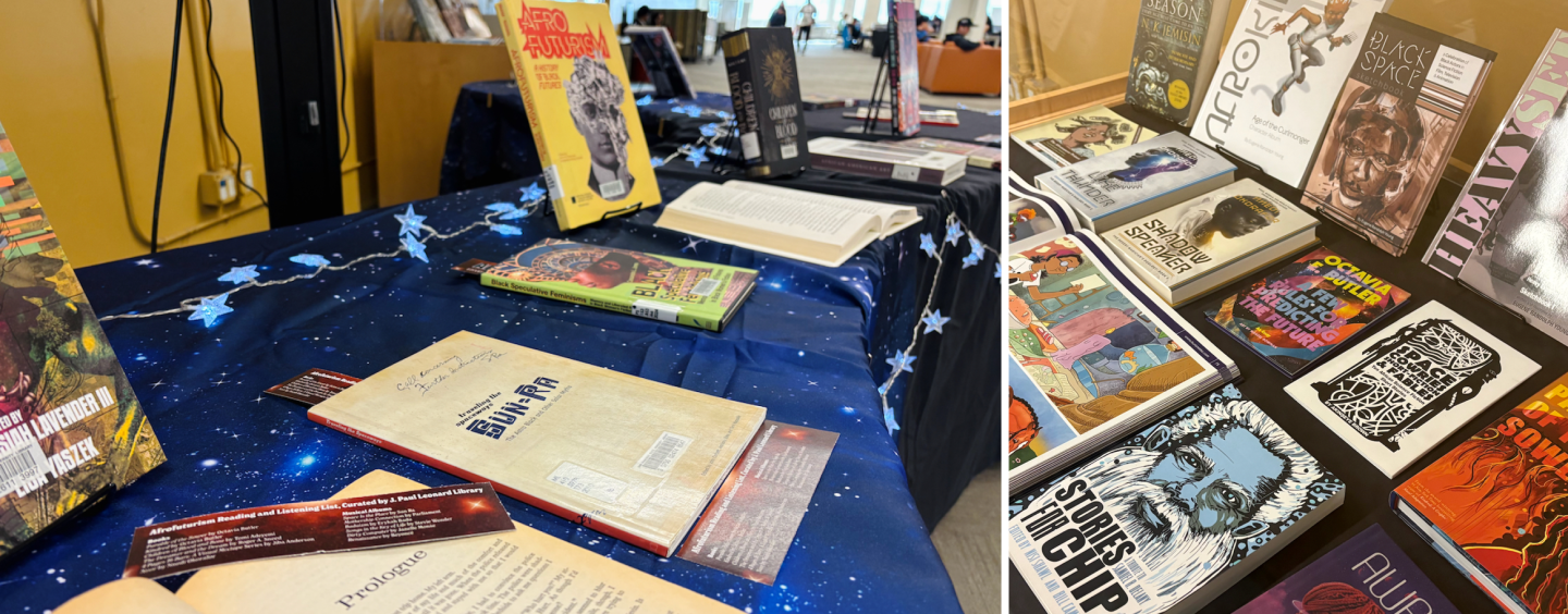 Books with afrofuturist themes and artwork on a starry tablecloth