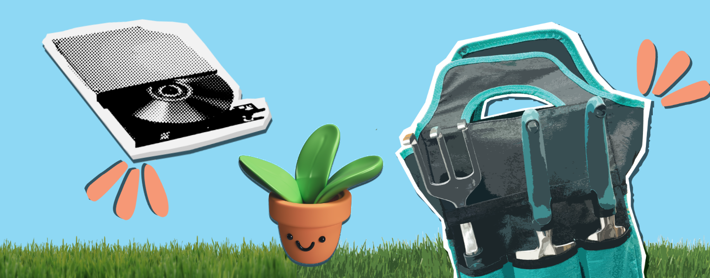 A cute potted plant, CD-DVD player, and garden tote float above a grassy lawn