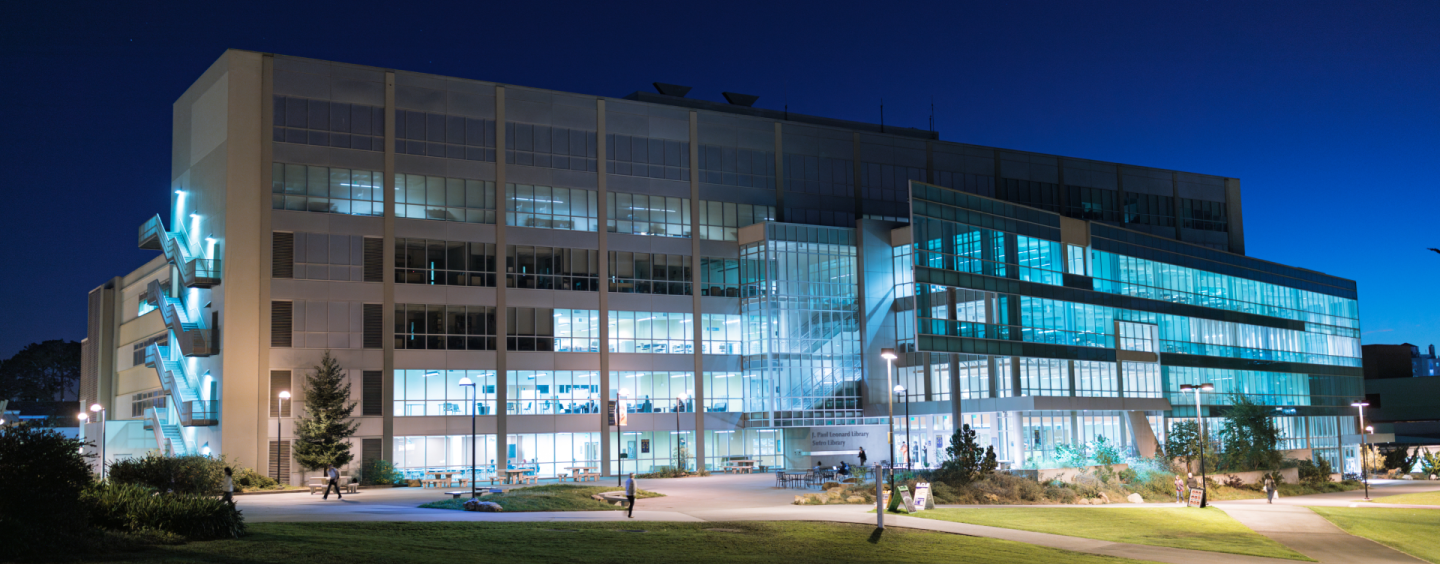 Front view of SFSU Library after dark