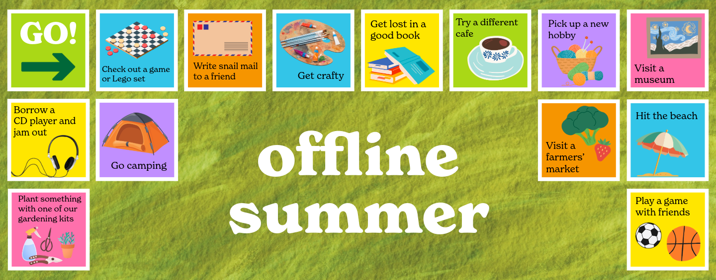 bright game board with the words "offline summer"