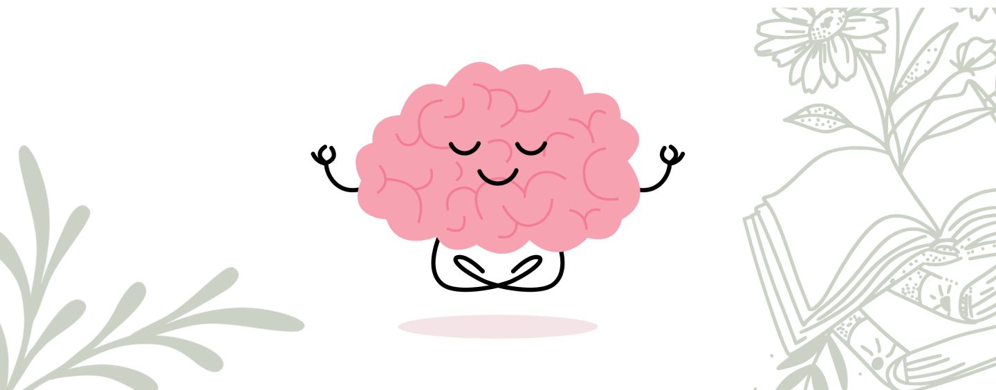 Cartoon brain with a smile and closed eyes in lotus pose