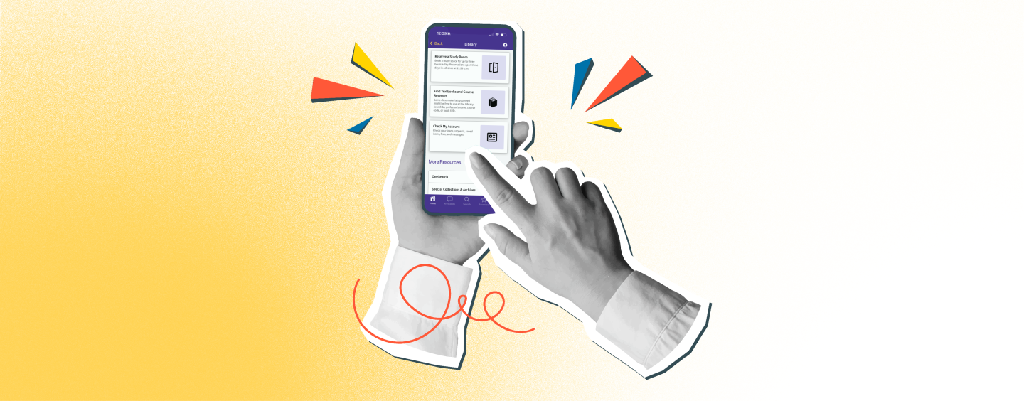 Disembodied hands accessing library resources on a phone