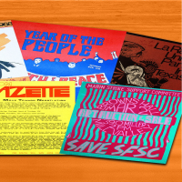 Brightly colored historical flyers and posters with images and text