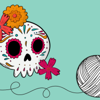 Ball of yarn and cartoon skull with flowers and painted decorations