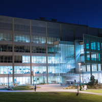 Front view of SFSU Library after dark