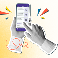 Disembodied hands accessing library resources on a phone