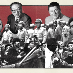 Historical photo collage of protesters, administrators, and politicians