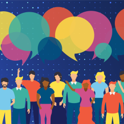 bright chat bubbles above a diverse group of young people