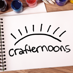 Drawing pad and art supplies with SFSU Library Crafternoons logo