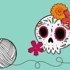 Ball of yarn and cartoon skull with flowers and painted decorations