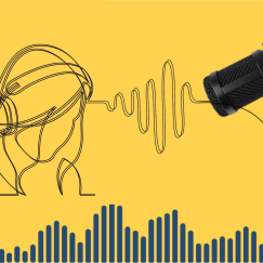 Sketch of person wearing headphones with sound waves and recording equipment