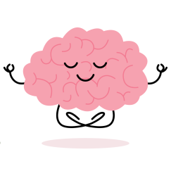 Cartoon brain with a smile and closed eyes in lotus pose