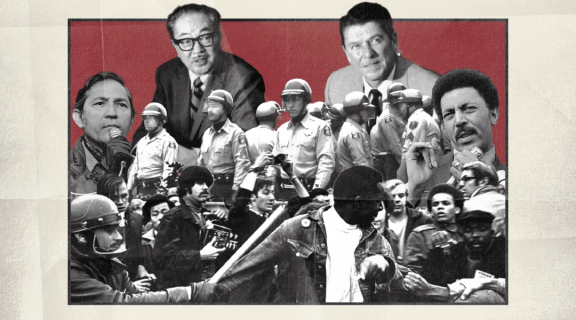 Historical photo collage of protesters, administrators, and politicians