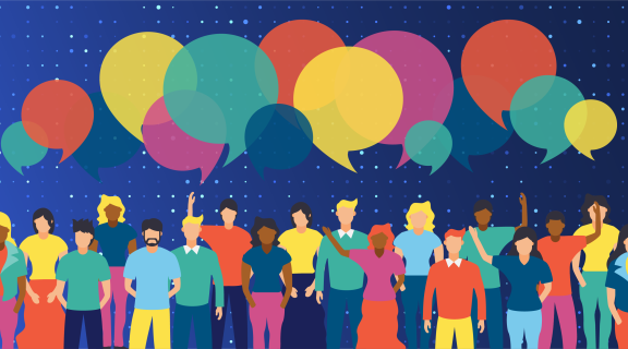bright chat bubbles above a diverse group of young people