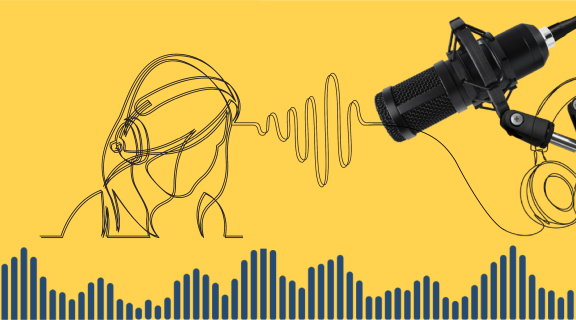 Sketch of person wearing headphones with sound waves and recording equipment