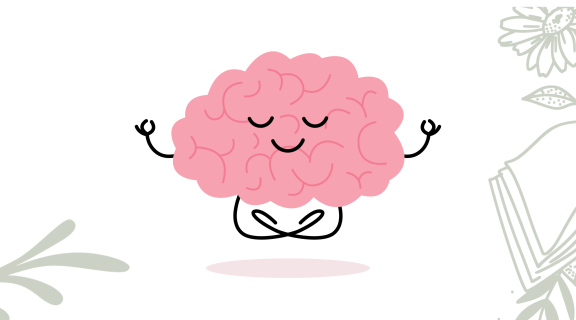 Cartoon brain with a smile and closed eyes in lotus pose