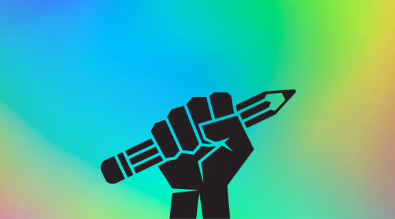 A raised fist holding a pencil on a rainbow-hued background