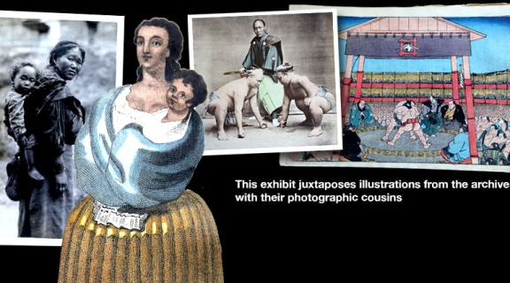 Two women holding children; sumo wrestlers